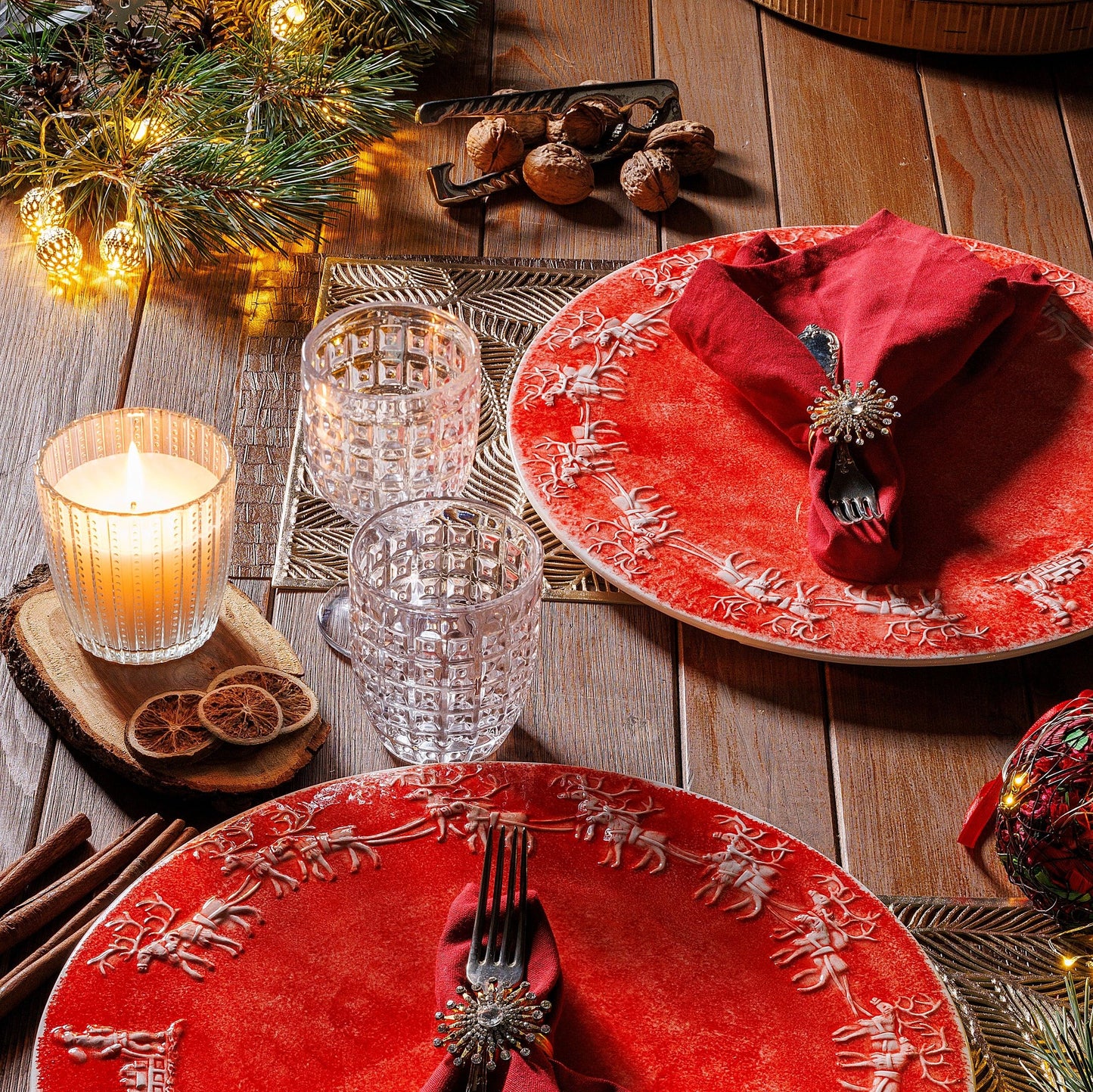 Reindeer Cheer 14.1” Round Platter, Red with White Reindeer Christmas Design, Made in Italy 