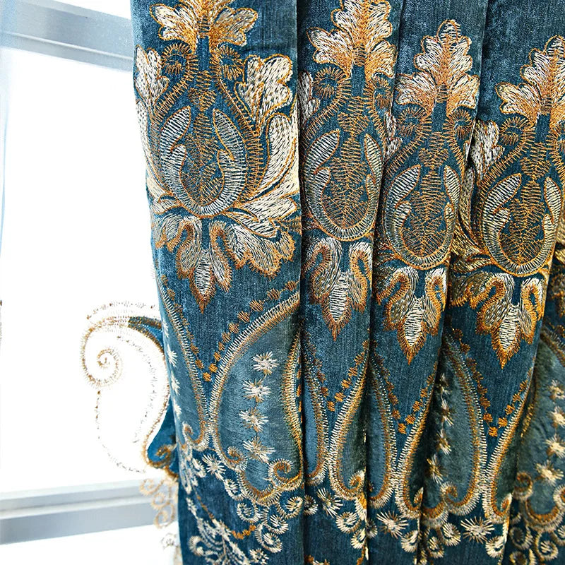 Thickened Blue Embroidery Chenille Shading Curtains for Living Room Bedroom Partition Curtain