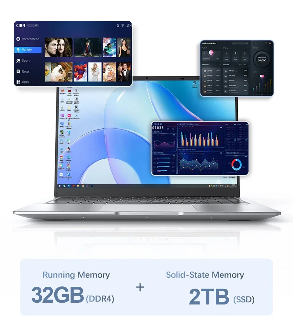 14.1 Inch FHD Ultra Thin Laptop Intel N3700/4405U Win11 DDR4 16GB/32GB RAM 2TB SSD Portable Business Office Notebook PC