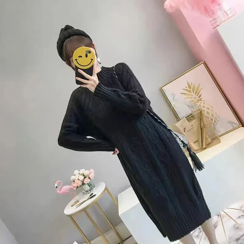 Women Winter Thicken Plus Velvet Sweater Dress Mock Neck Rib Knit Midi With Coats