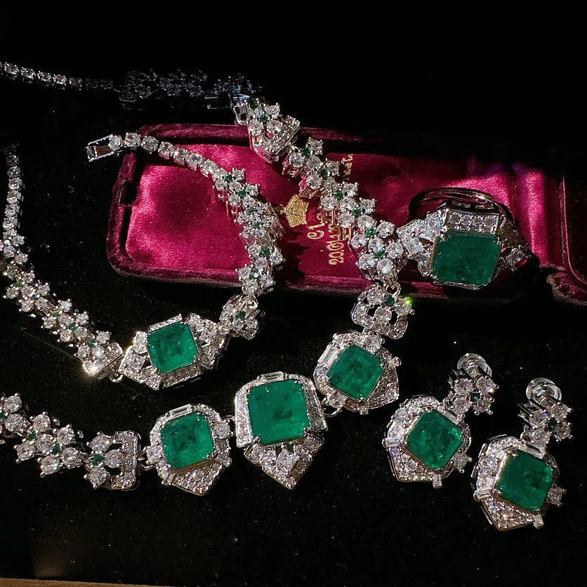 Women Colombian caviar emerald green necklace, earring bracelet zircon plated 18K gold