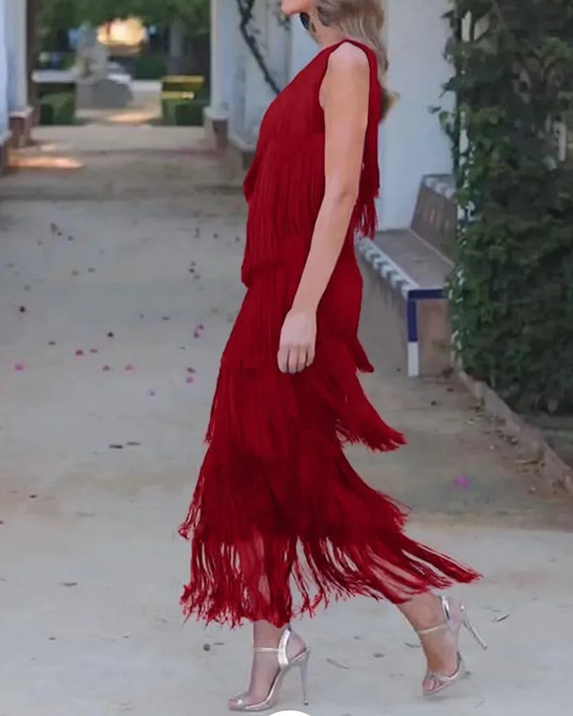 Spring and Summer Women's Fashion Fringed One Shoulder Asymmetrical Dress