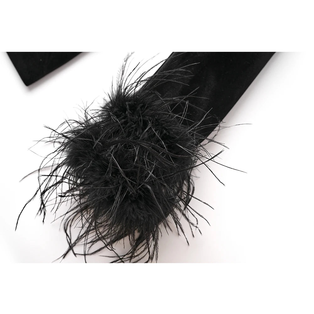 Women Velvet Fluffy Feather Patchwork Jacket Blazer