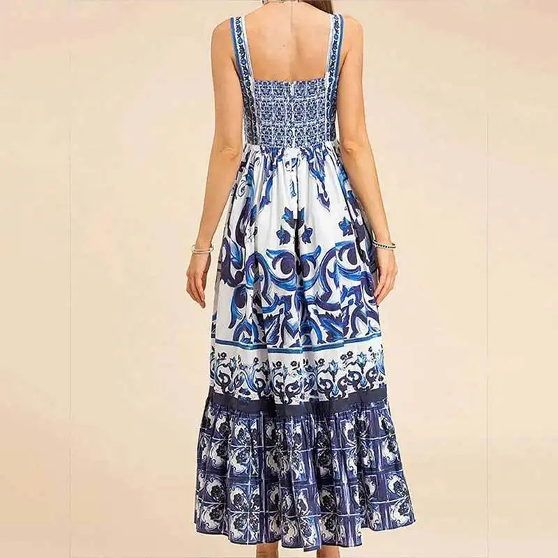 Elegant Summer Bohemian Sling Print Sleeveless A-line Long Dress