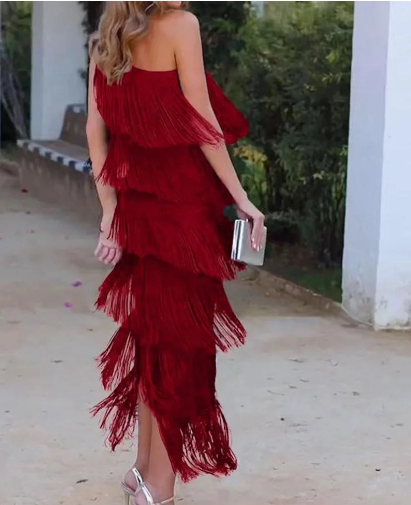 Spring and Summer Women's Fashion Fringed One Shoulder Asymmetrical Dress