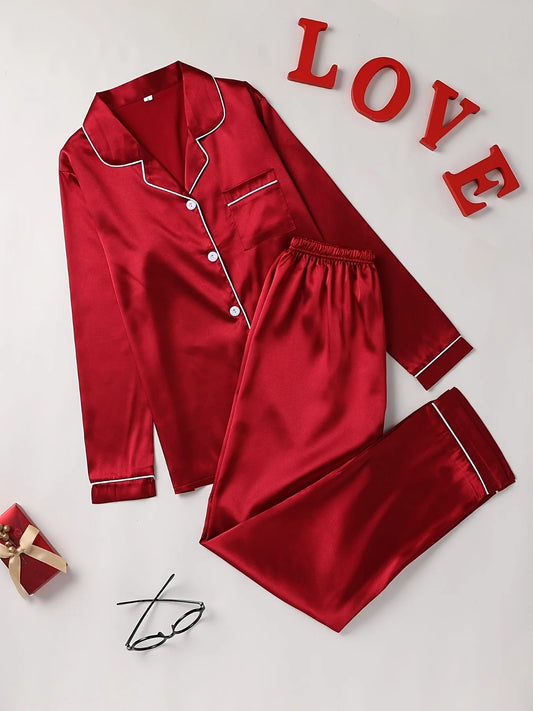 Women Solid Pajama Set Long Sleeve Button Up Lapel Top & Pants