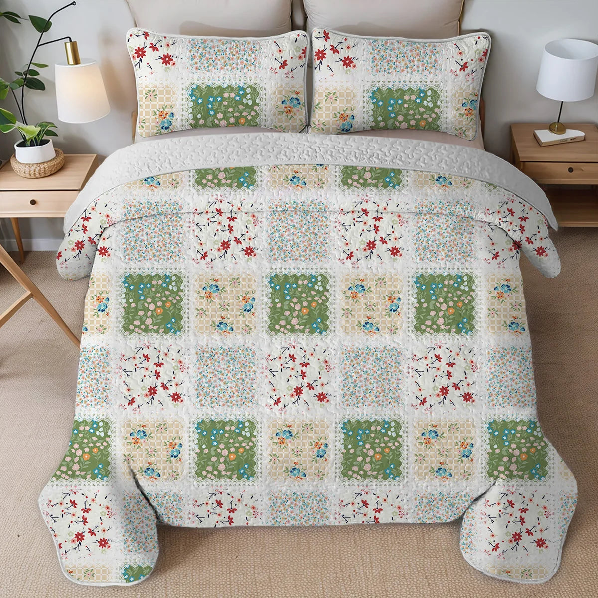 2/3-Pcs Geometric Grid Printed Quilt Set, Cal King, Durable, Breathable
