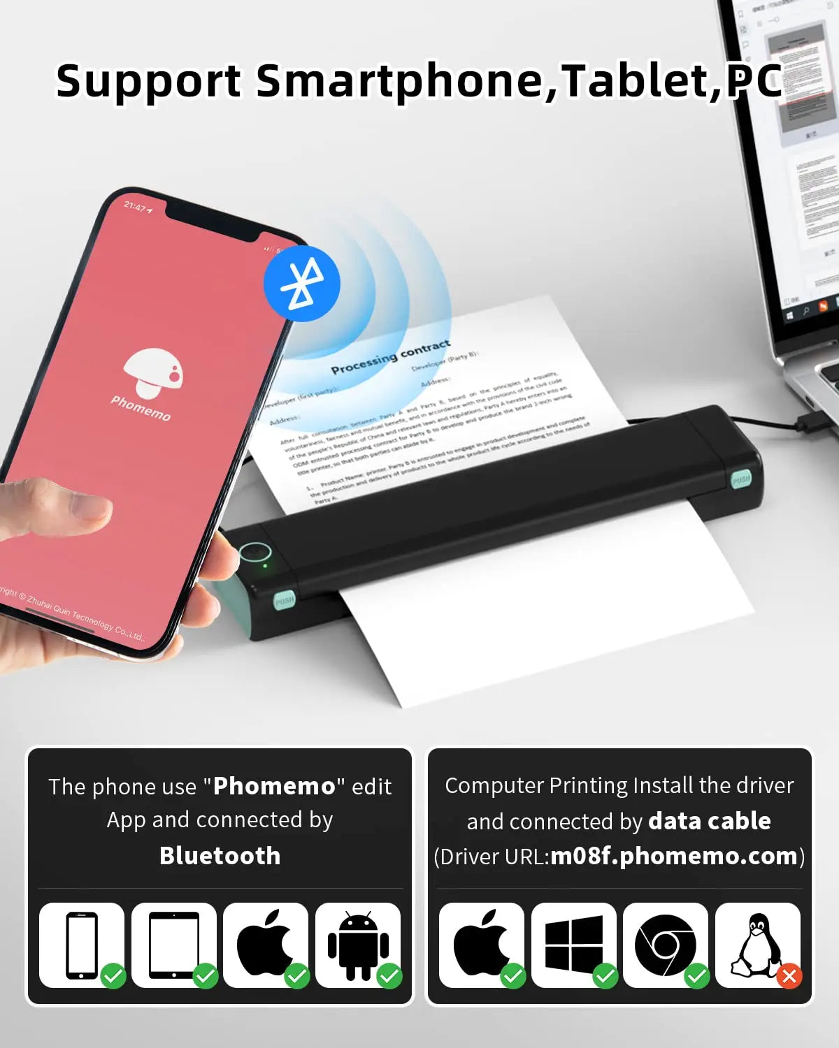 M08F Portable Phone Travel Home Wireless Thermal Printer Bluetooth Use A4 Mobile Printer for Laptops Inkless