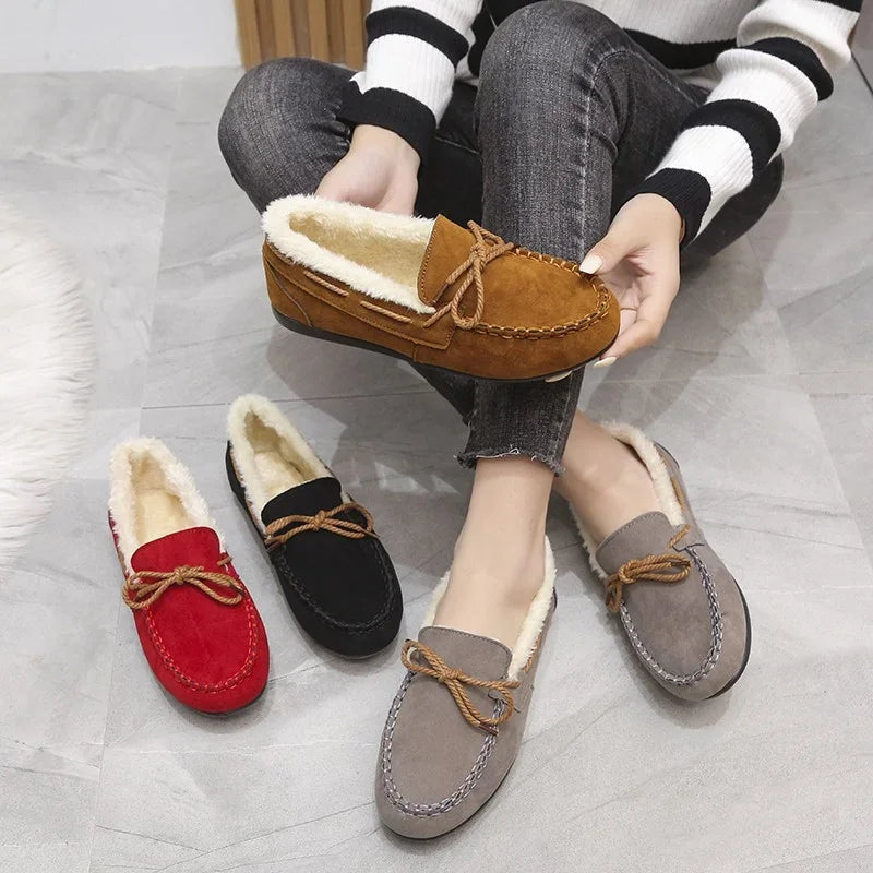 Women's Moccasins Soft Loafers Comfort Warm Plush Bow Slip on Cotton Shoes