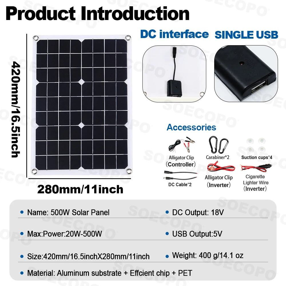 SOECOPO 6000W System Complete Kit 500W Panel Solar DC 12V to AC 110V/220V Inverter 100A Controller Off-Grid for Home Camping