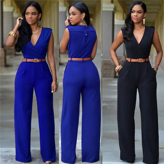 Women Sexy Romper Jumpsuit Women Tall Waist V-Neck Wide-legged With Belt