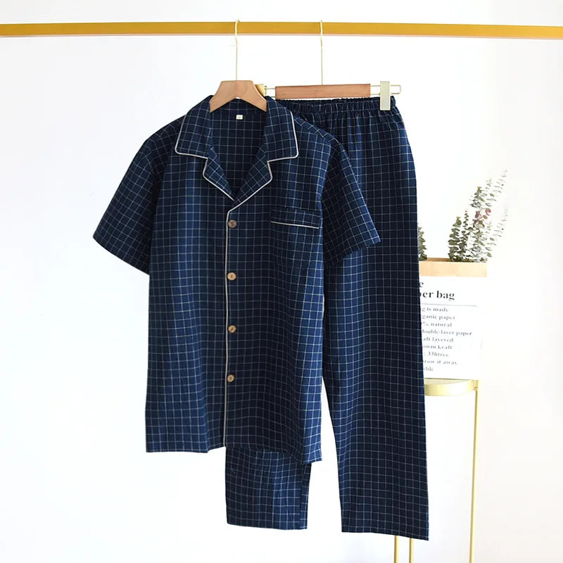 Men's Pajamas Summer Thin Short-sleeved Shorts Cotton Plaid