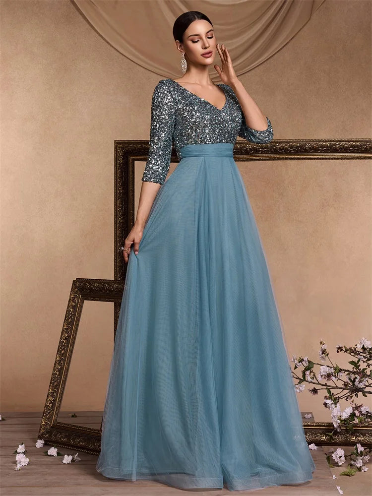 Luxury Floor Length V-Neck Evening Dress Party Maxi Dress Sequin Short Sleeves Prom Cocktail Gown