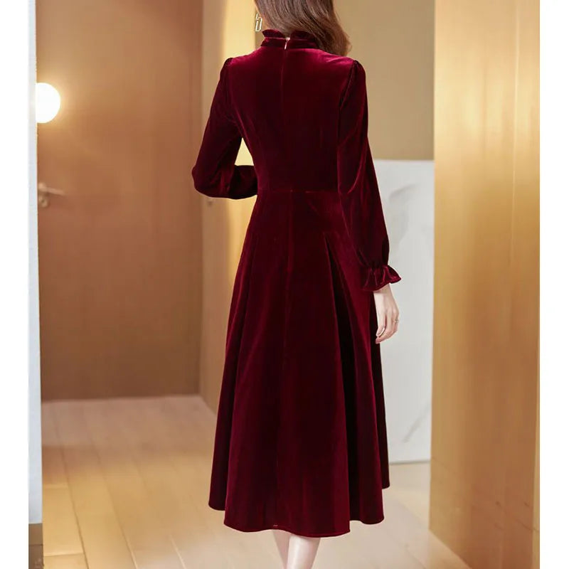 Wine Red Golden Women Velvet Dress Long Sleeved Long Dresses