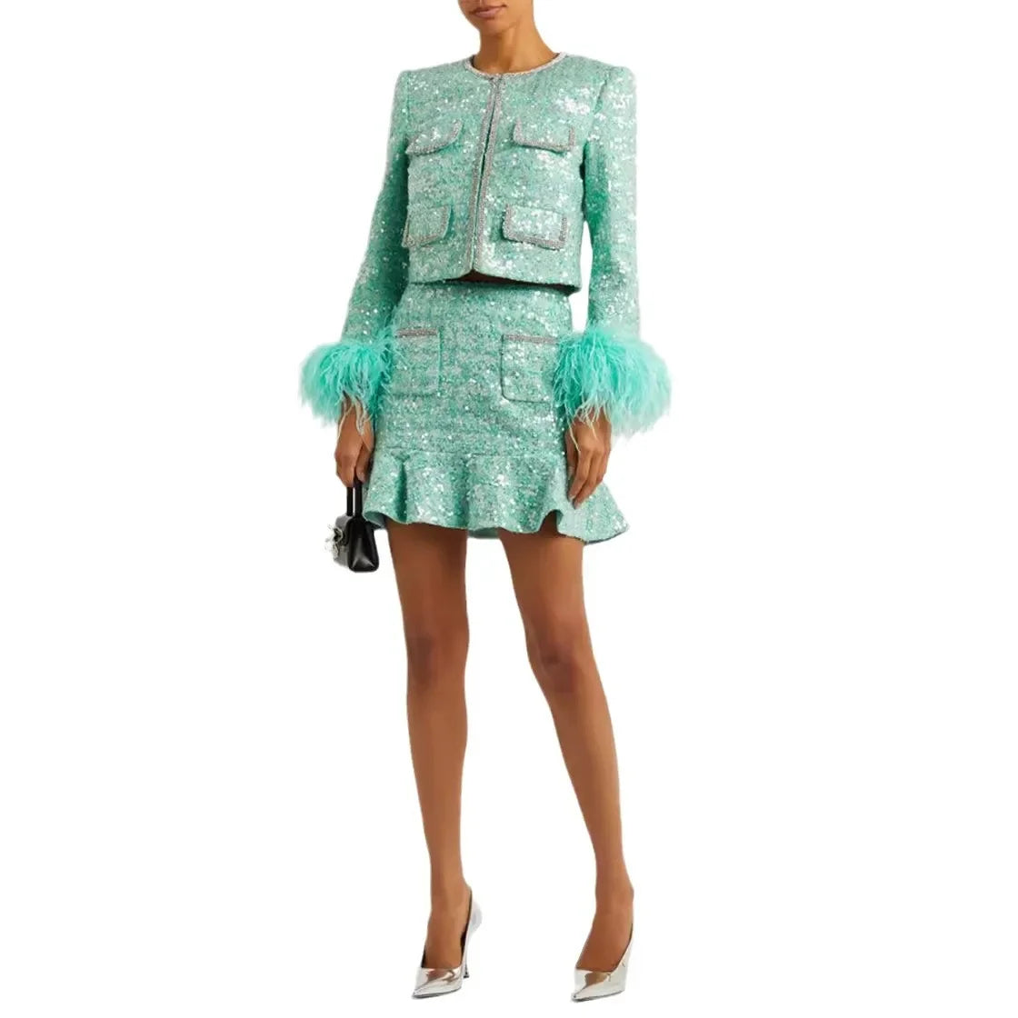 Winter Luxury Sequins Tweed Lightweight Jacket Long Sleeve With Skirt Set