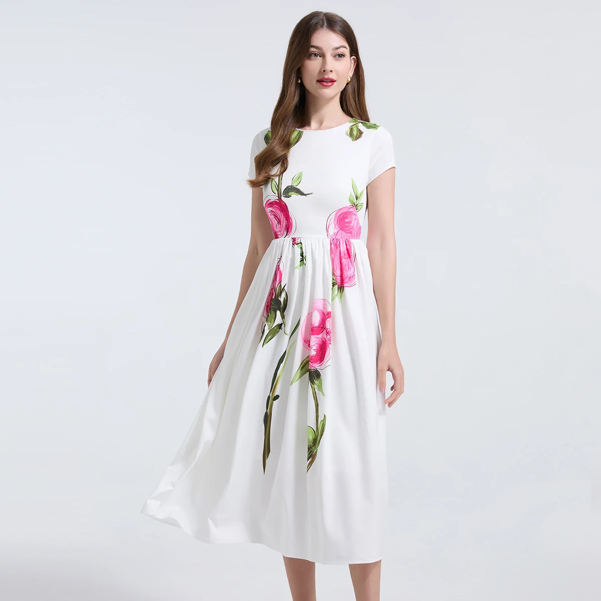 Summer French Women's Retro Pink Flower Waist Cinching Slimming Big Swing Dress Elegant Anti-aging Short Sleeved Skirt