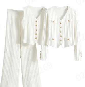 3 Piece Outfits Sweater Pullover Top & Knitted Long Cardigan & Wide Leg Pants Suits