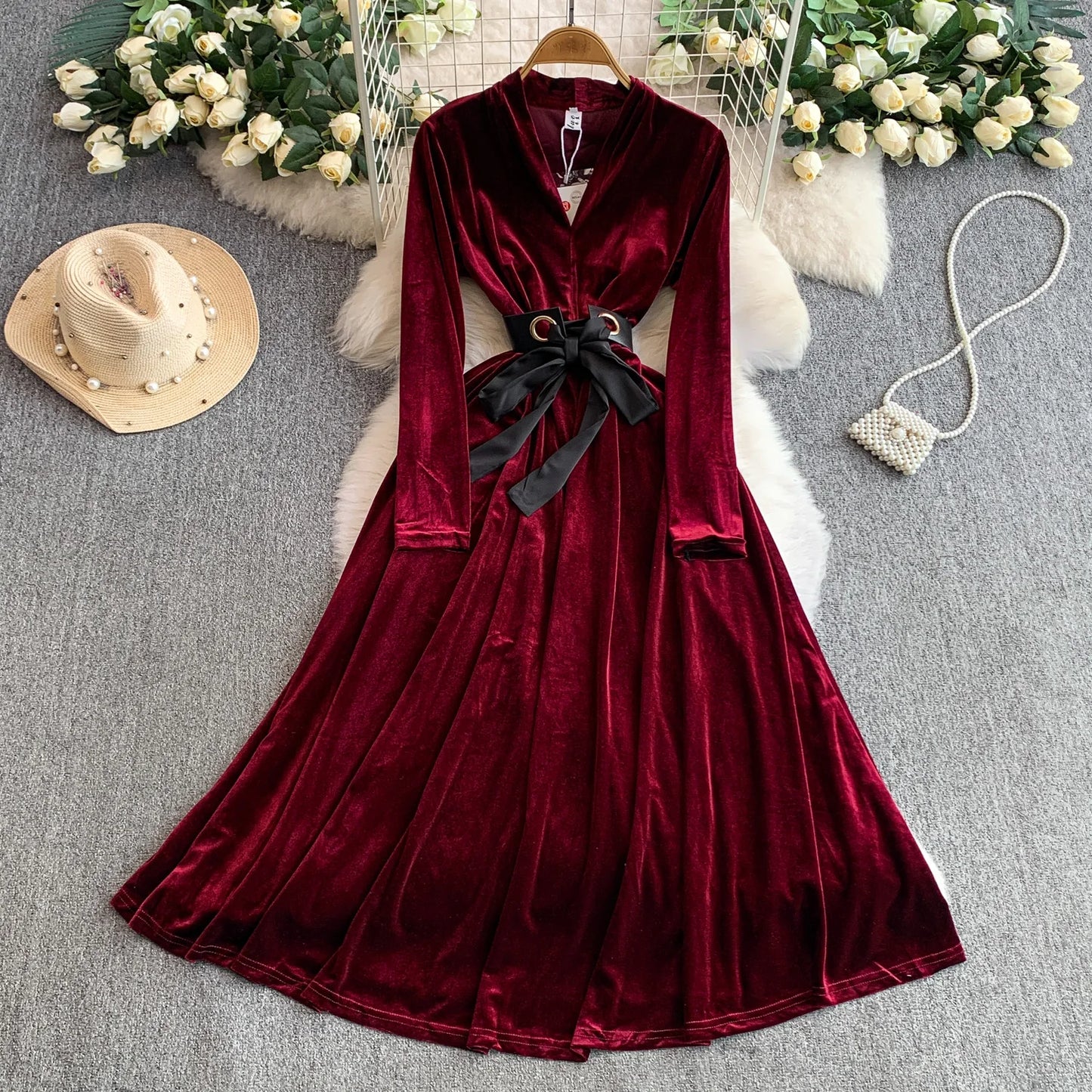 Women Winter Elegant Velvet Dress Evening Party Long Dress
