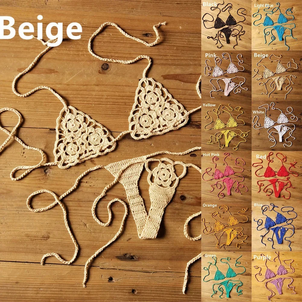 Women Sexy Handmade Bikini Sets Crochet Flower Solid Color Lace Thong String Swimwear Sunbathing Swimsuit Beach Wear Lace-up