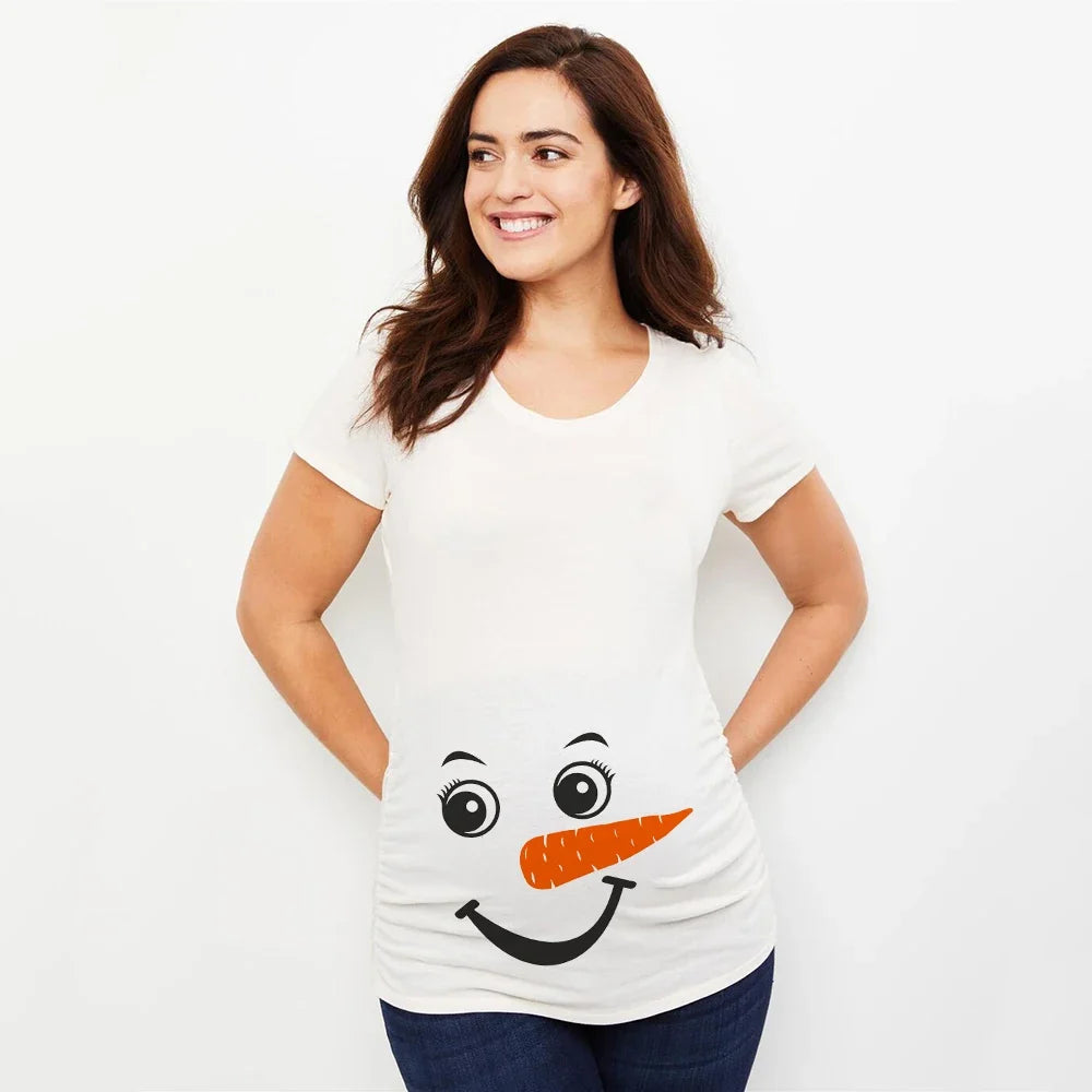 Christmas Pregnant Women T-shirt Snowman Cartoon Printed Pregnancy Announcement Clothes Maternity White Short Sleeve Top