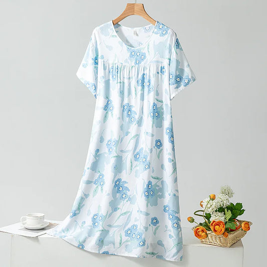 Summer Women Nightgown Short Sleeve Round Neck