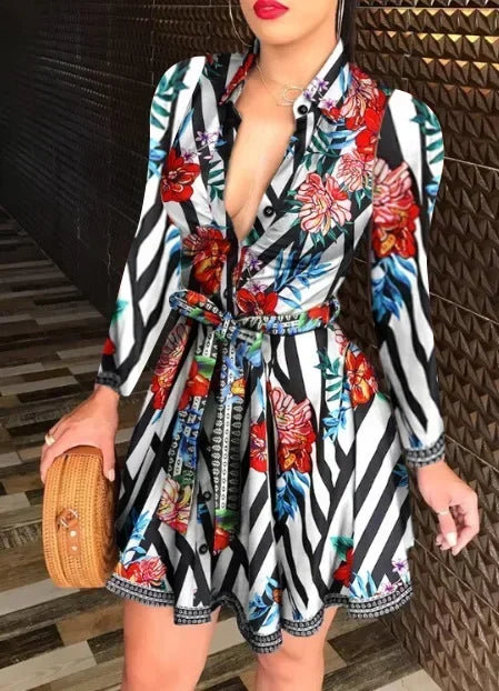 Elegant Casual Long Sleeved Dress With Buttons and Lapels