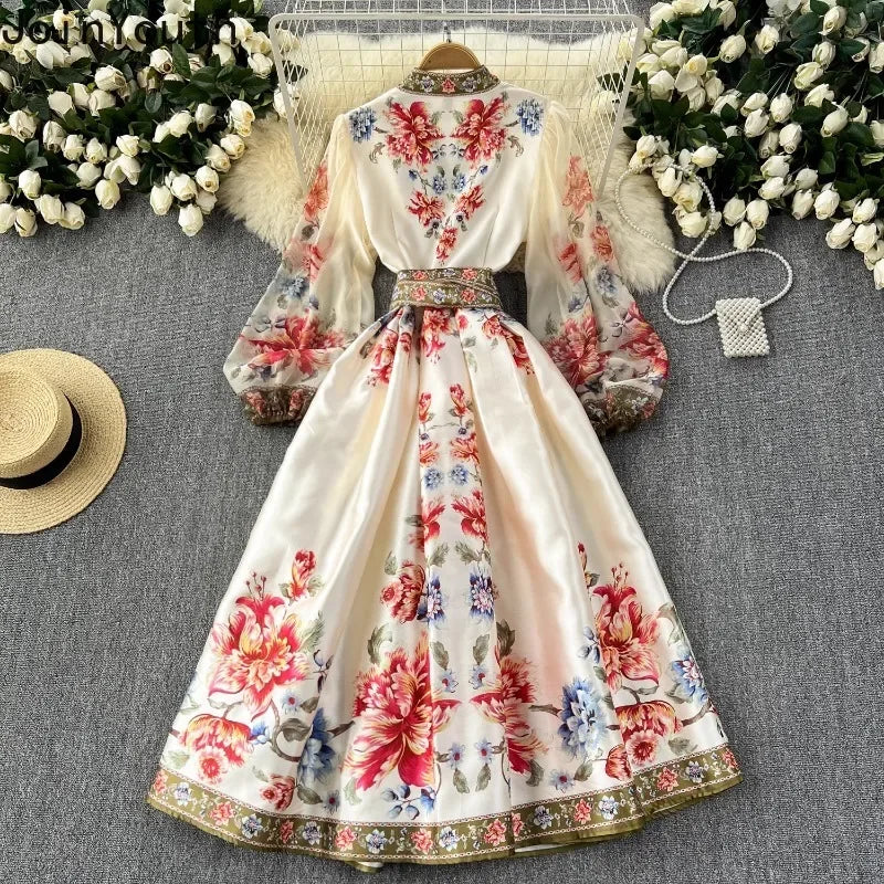 Elegant Women Floral Maxi Slim Waist Dress