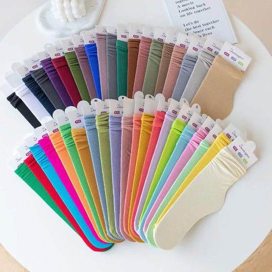 Multicolor Solid Color Ice Silk Velvet Mid Tube Women summer Socks Soft Thin