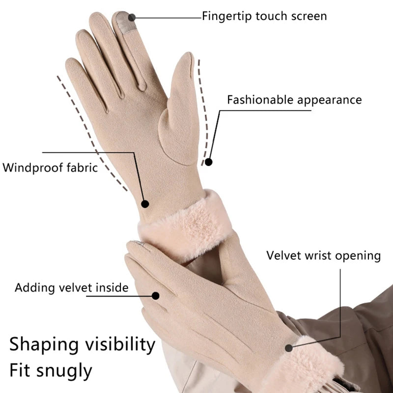 Women Winter Warm Suede Gloves Plus Velvet Thickened Cuff Outdoor Coldproof Touchscreen Riding Ski Gloves