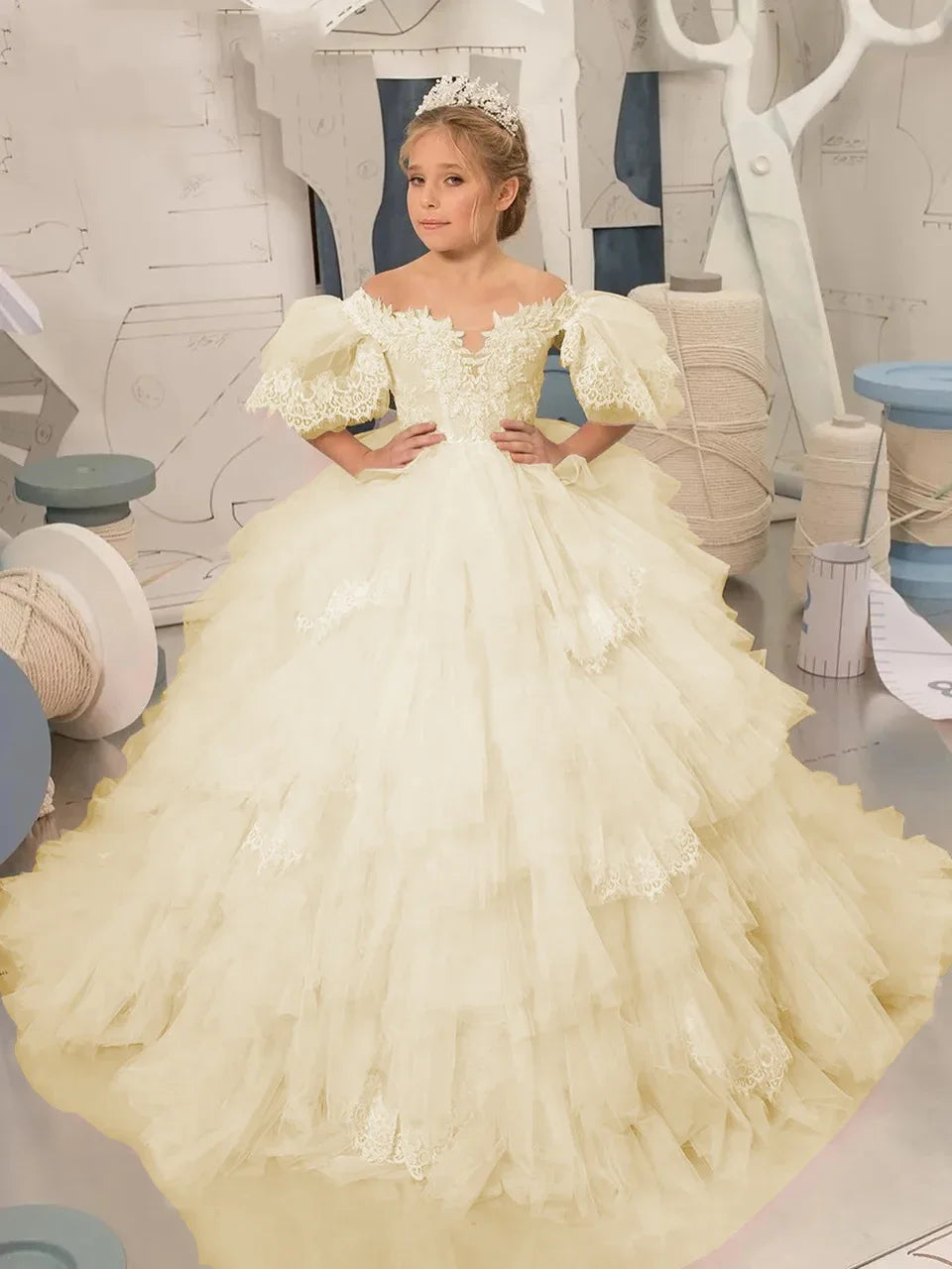 Elegant Puffy Sleeves Flower Girl Dresses for Wedding Robe A-Line First Communion Pageant Party Gowns