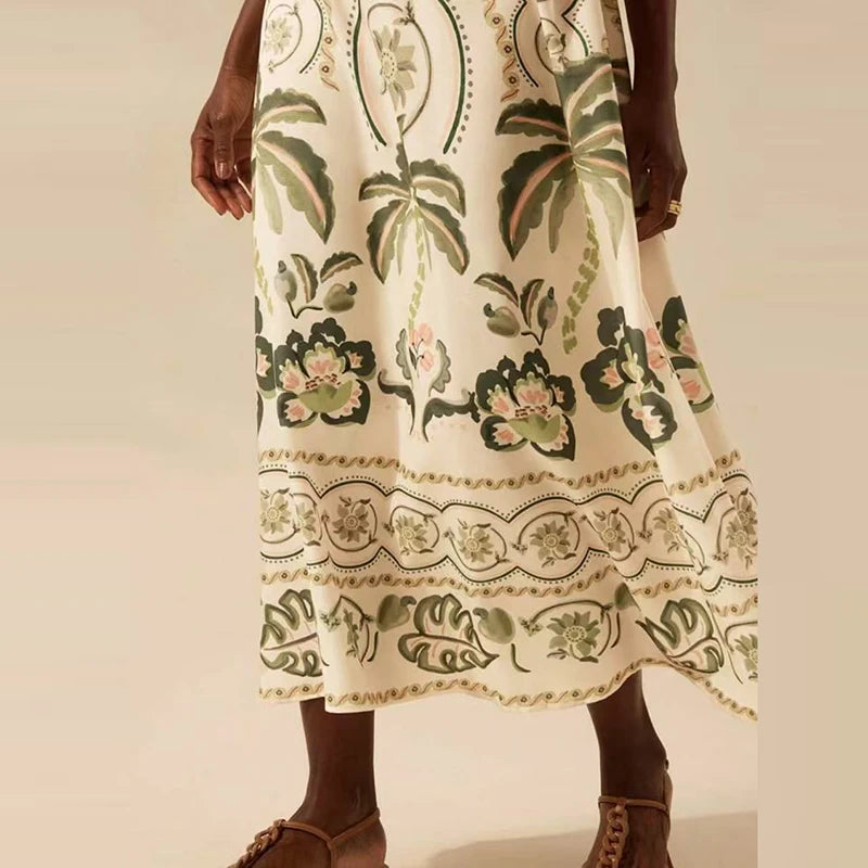 Summer Tropical Plant V-Neck Bohe Elegant Half Sleeve Loose Party Dress A-line