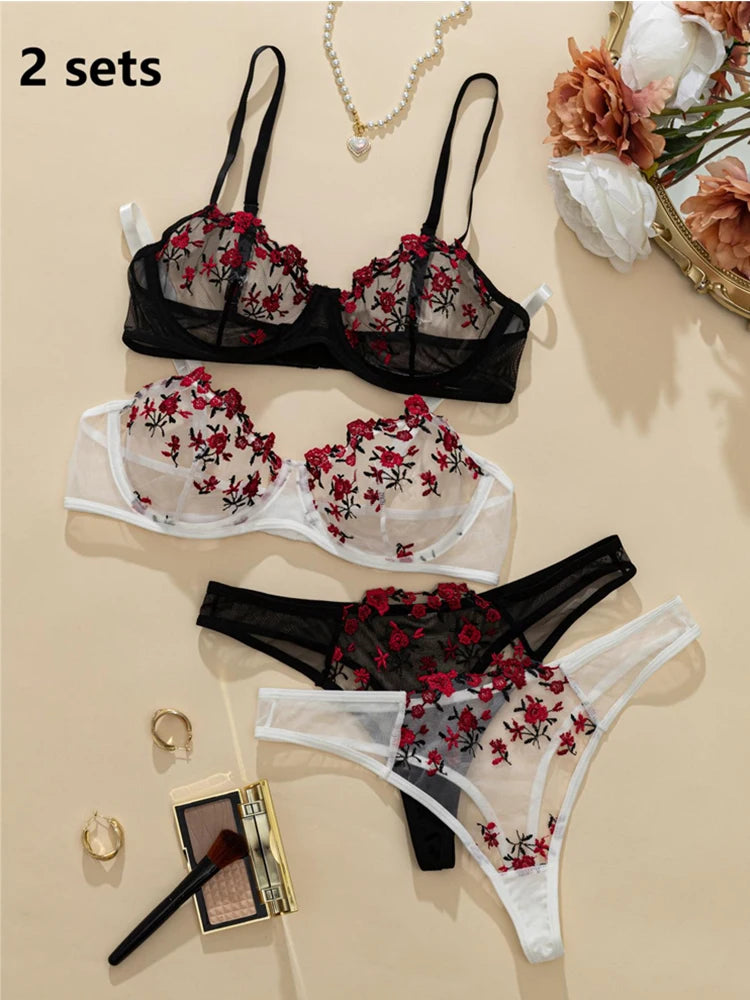 2 Sets Romantic Floral Embroidery Women Lingerie