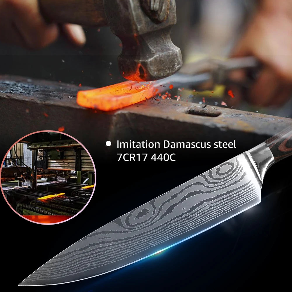 Damascus Laser Steel Kitchen Chef Knives with Shear Cutter and Wooden Handle