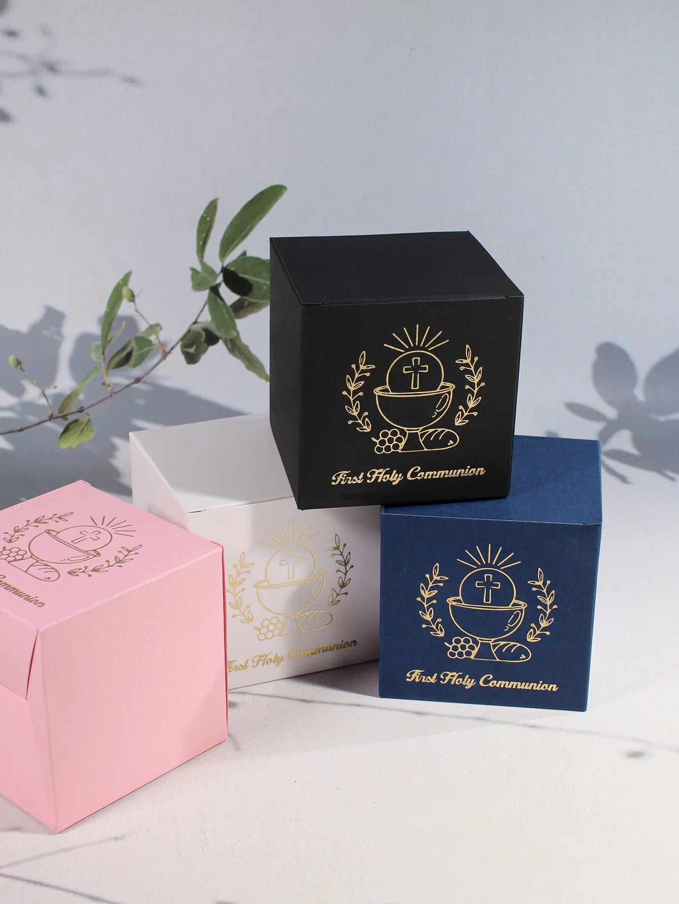 Elegant first communion gift box, golden Holy Grail of the cross and the words' First Communion ', Christian communion gift box