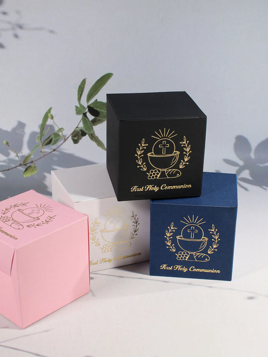 Elegant first communion gift box, golden Holy Grail of the cross and the words' First Communion ', Christian communion gift box