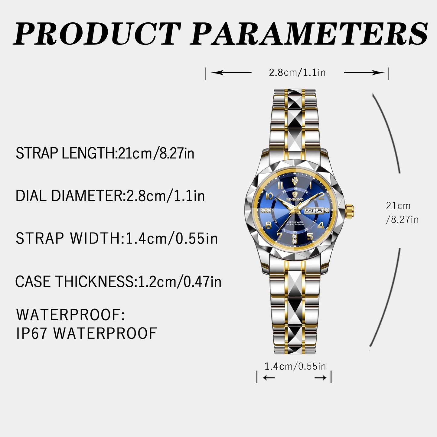 BINBOND Women Quartz Luxury Watch Waterproof with Week/ Date/ Clock