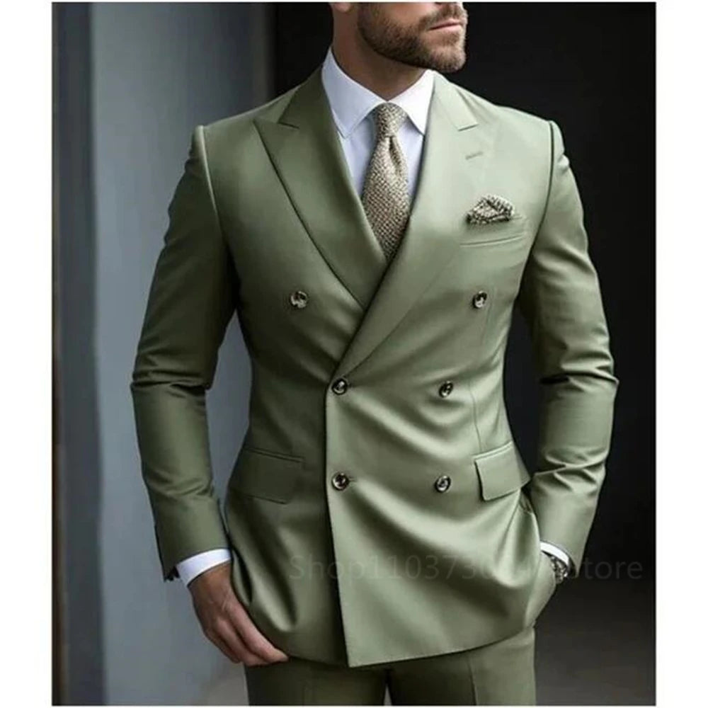 Solid 2 Pieces Men Suits Set Formal Business/Wedding Groom Suits Peak Lapel Double Breasted Blazer Trousers