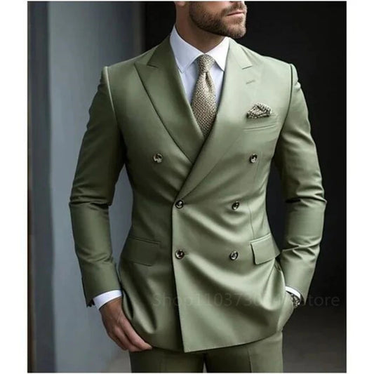 Solid 2 Pieces Men Suits Set Formal Business/Wedding Groom Suits Peak Lapel Double Breasted Blazer Trousers