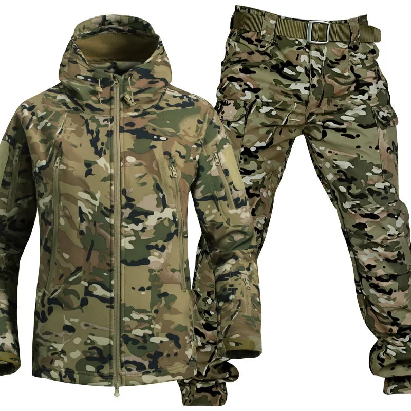 Men's Winter Thick 2 Piece Suit Hooded Jacket Fleece & Pants Waterproof Multi-pockets