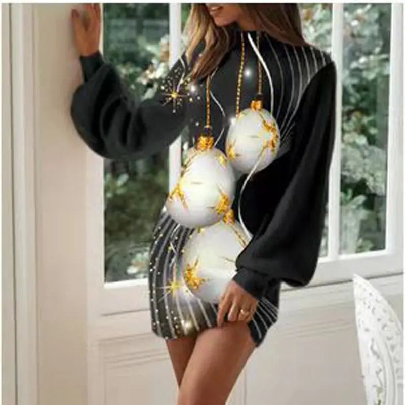 Vintage Christmas Printing Party Dress For Women Autumn Fashion Half High Collar Lantern Long Sleeve Dress Lady Bodycon