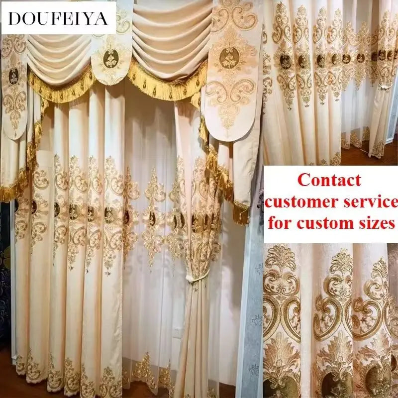 European Beige Embroidered Chenille Valance Customizable Luxury Curtain for Living Room Bedroom Dining Room