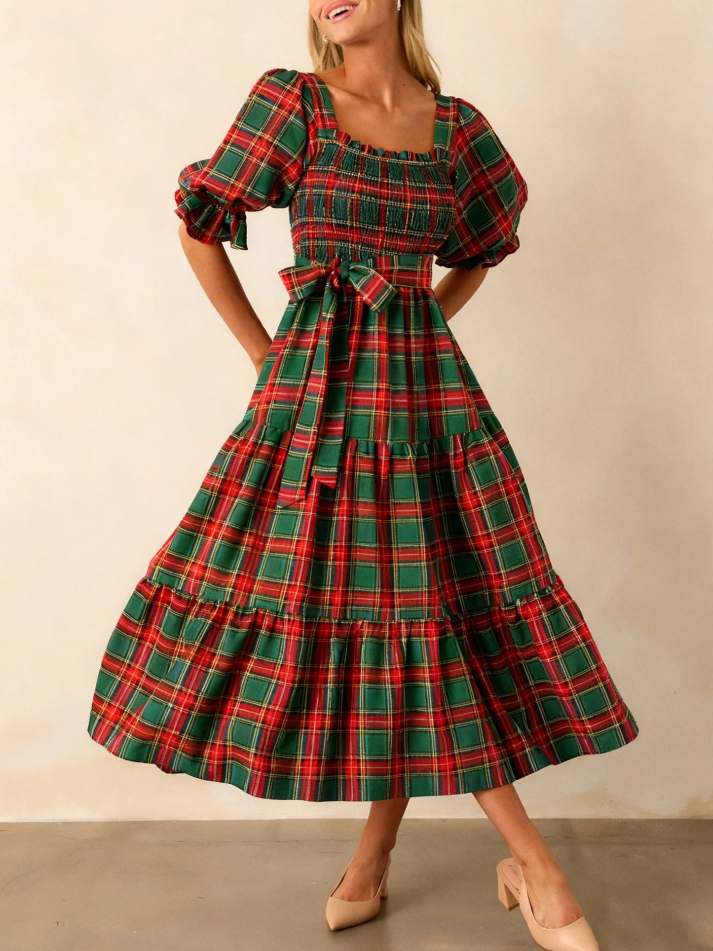 Christmas Classic Plaid Print Square Neck Puff Sleeve A Line Long Dress with Bow Decor Club Party Dresses