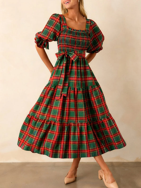 Christmas Classic Plaid Print Square Neck Puff Sleeve A Line Long Dress with Bow Decor Club Party Dresses