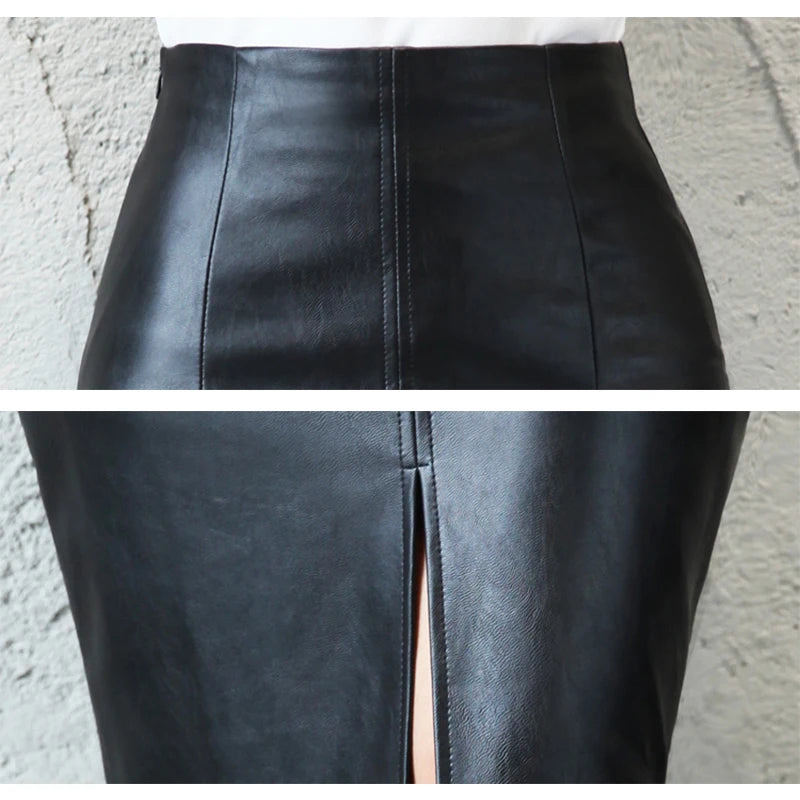 Black Leather Autumn Women Skirt Midi PU Pencil Skirt Hip Front or Back Slit