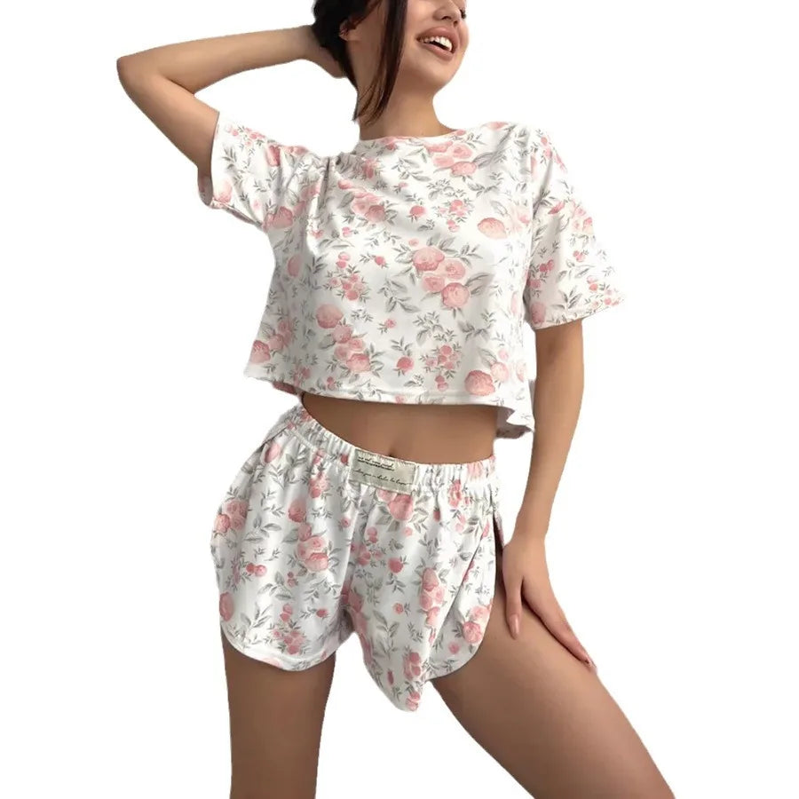 Women's Pajama Set Floral Heart Print Cotton Sleepwear Top& Slit Shorts
