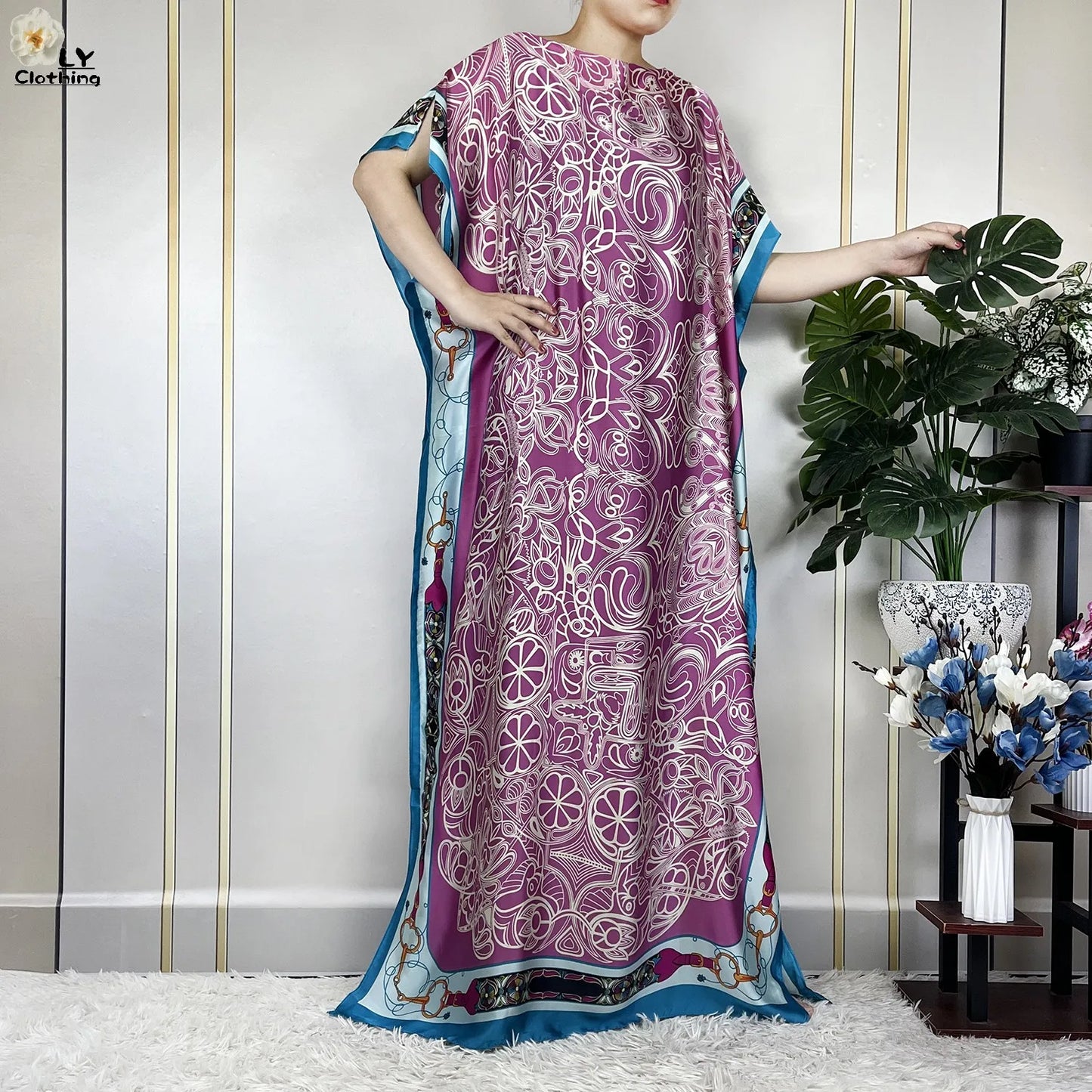 Women Printed Silk Soft Loose Maxi Party Dresses With Belt Turban