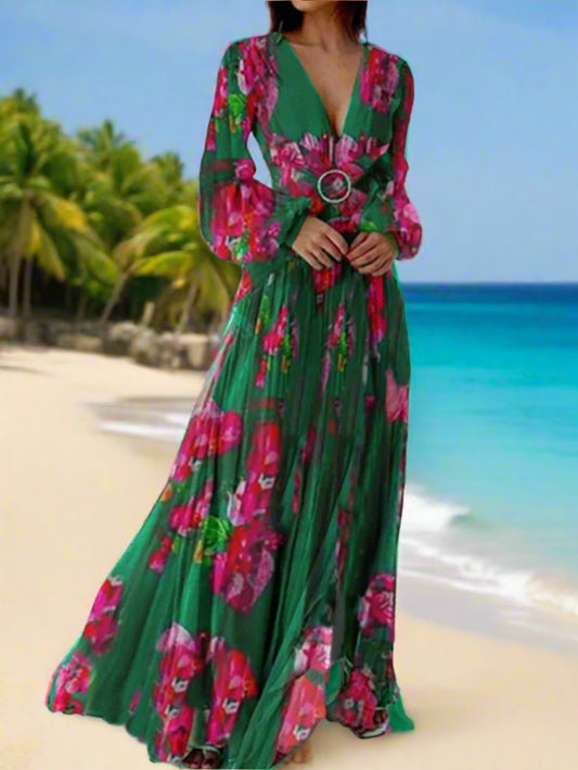 Spring Autumn V-Neck Maxi Floral Print Dress Long Sleeve Waist A-line