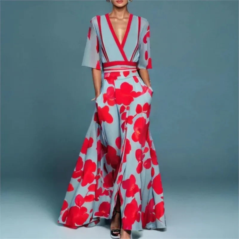 Elegant Women V Neck Belted Party Long Dress Sexy Printing A-Line