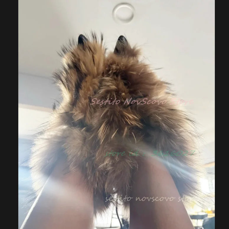 Pointed Toe Fur Mid Calf Boots Sexy Stiletto Heels Ankle Straps Fashion Warm Winter Plush