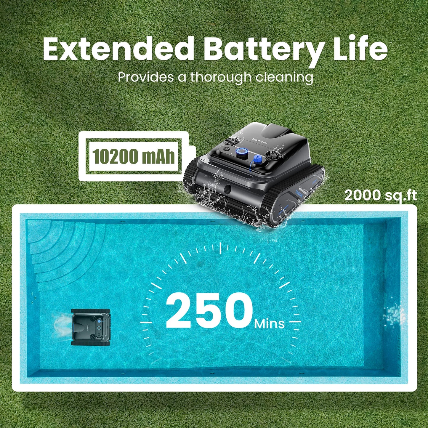 TASVAC Automatic Wireless Robotic Pool Cleaner 250 Mins Runtime Self-Parking with Upgraded Motors for Pool to 80 Feet/2000 Sq.Ft
